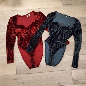 90s Vintage Victoria Secret Crushed Velvet Green and Burgundy Bodysuits Small